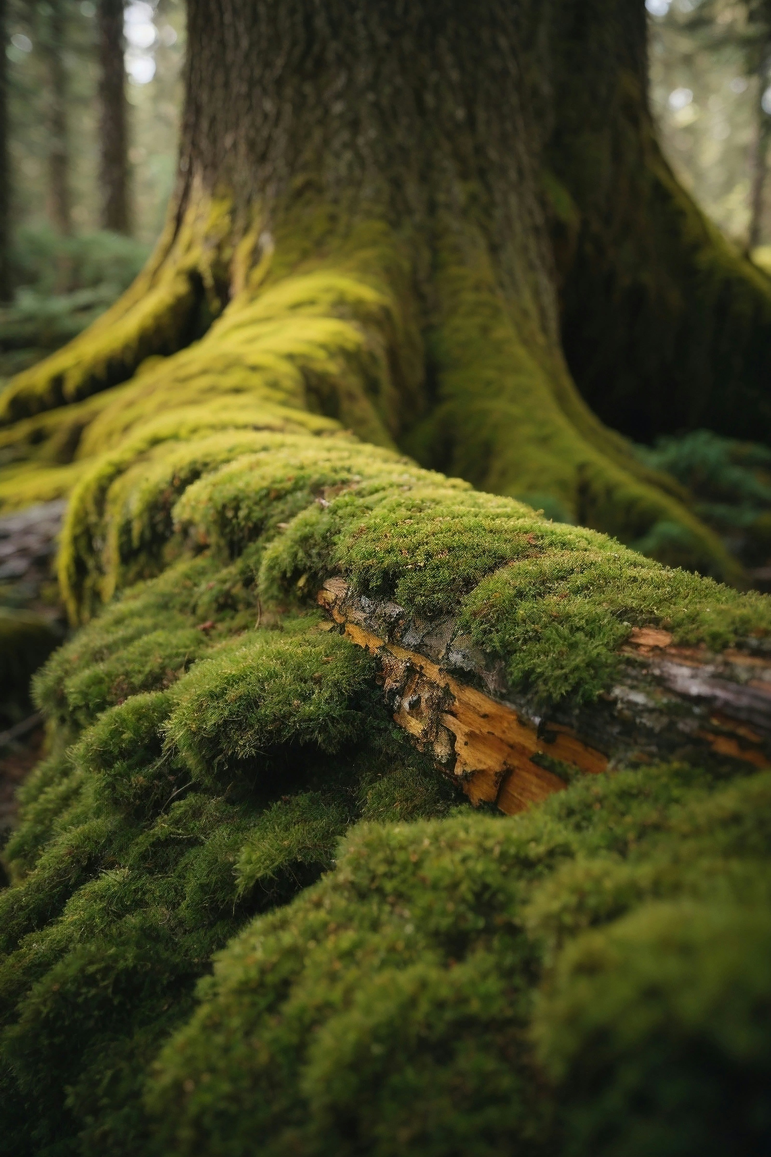 a moss covered tree trunk in the middle of a forest